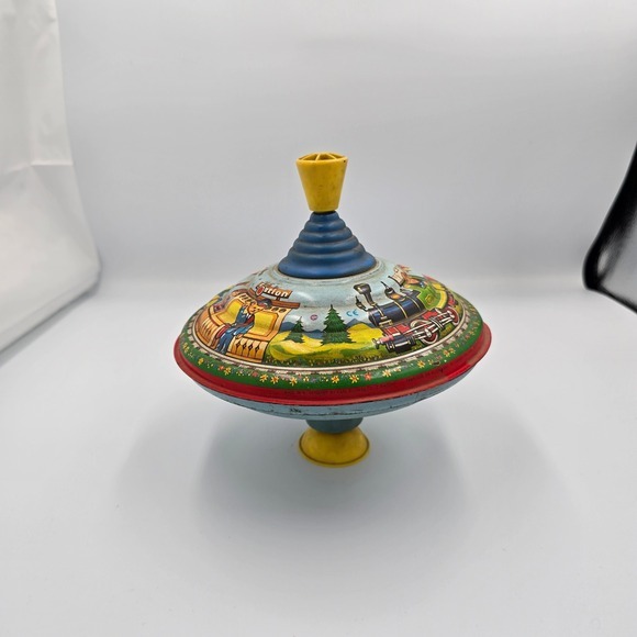 Vintage Tin Litho‎ Spinning Top Toy Train Carousel Wind Up Spinner - Picture 1 of 4